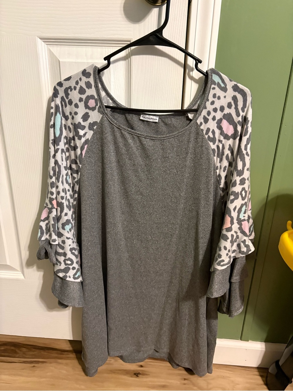 Grey Tunic Top with Pastel Leopard Raglan Sleeves